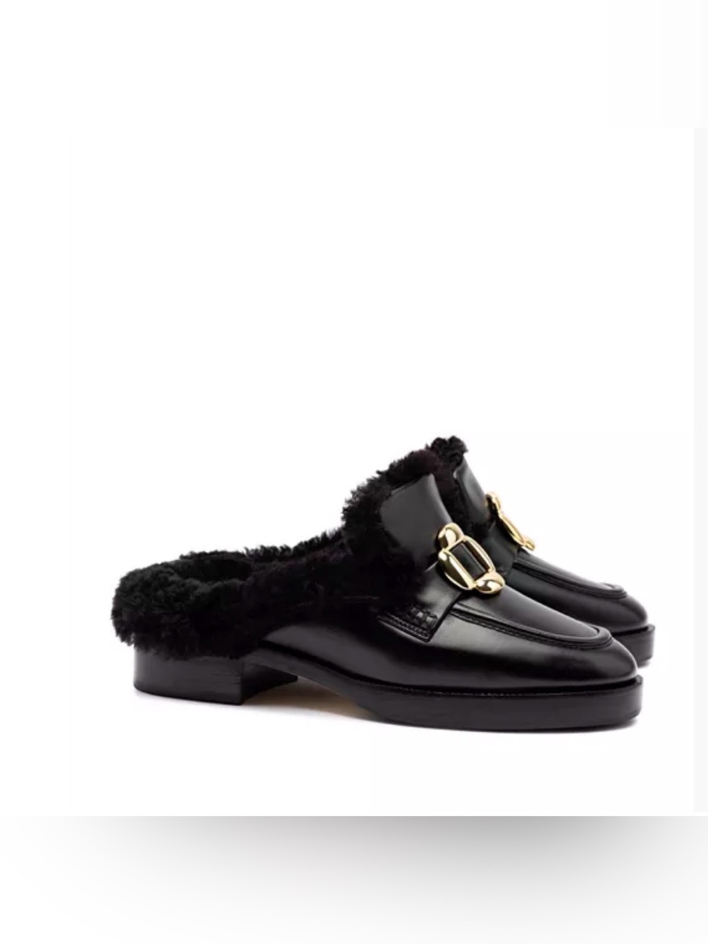 Larroude Bobbie Shearling Fur Trim Slide Loafers Black Gold Hardware